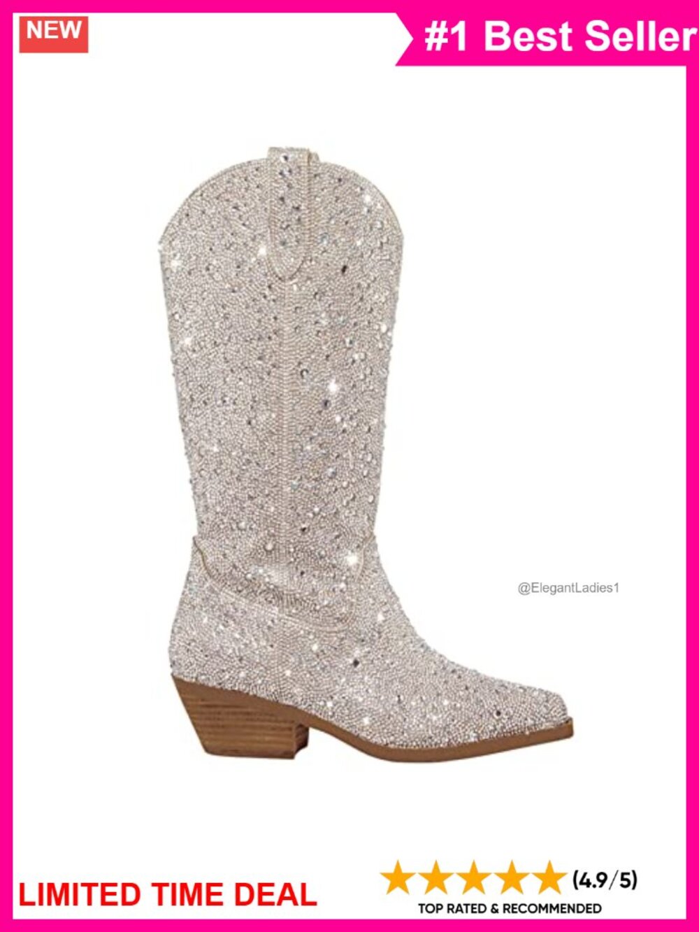 Rhinestone Cowboy Boots Pointed Toe Block Heel Mid Calf Western Boots